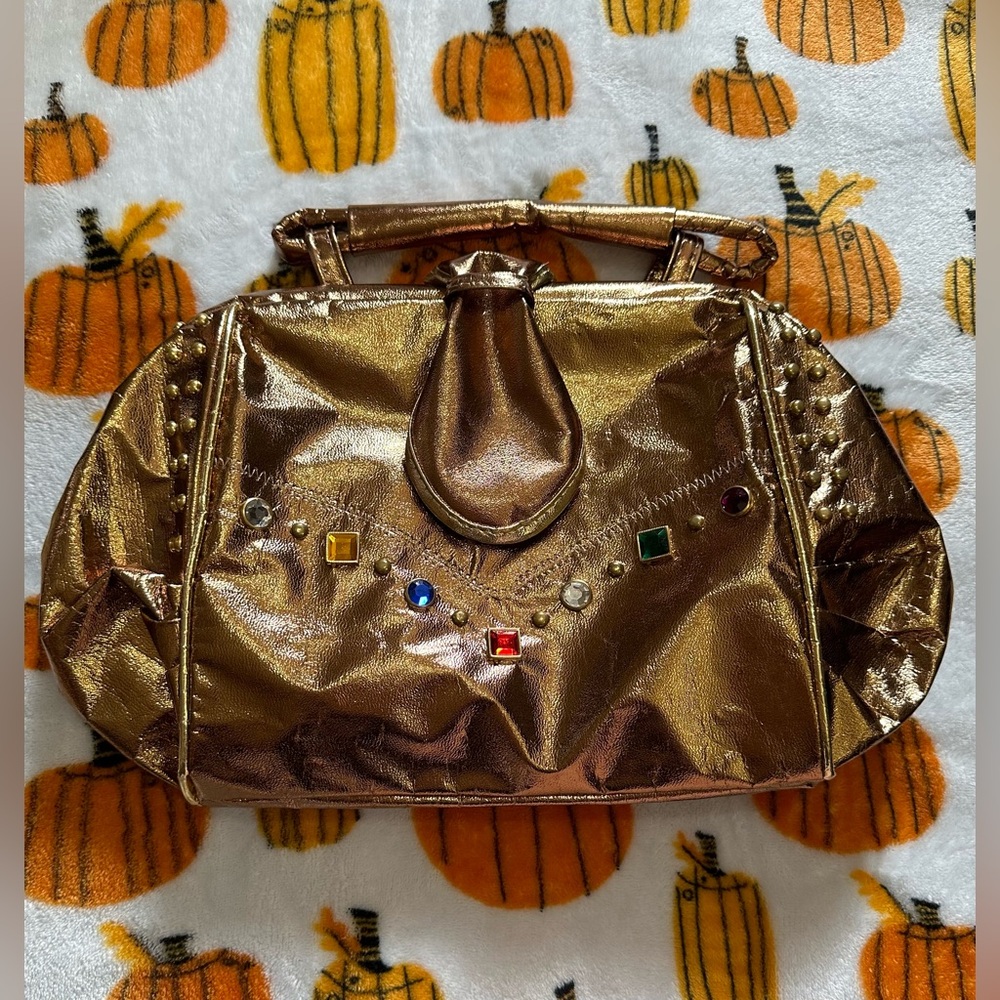 Vintage 80s 90s Bronze Gem Jewel Bedazzled Studded Rhinestone Doctor Satchel Bag